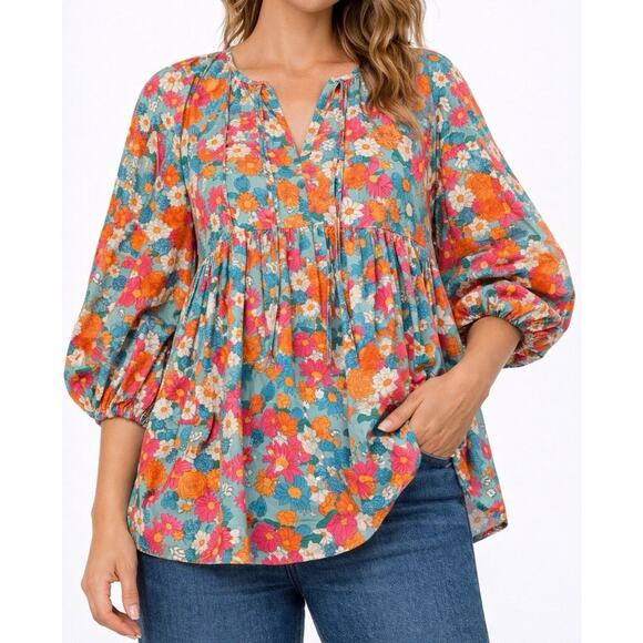 Boutique Tops - Women’s Boho Floral Peasant Blouse Balloon Sleeve Baby Doll Tunic Cottage Core S
